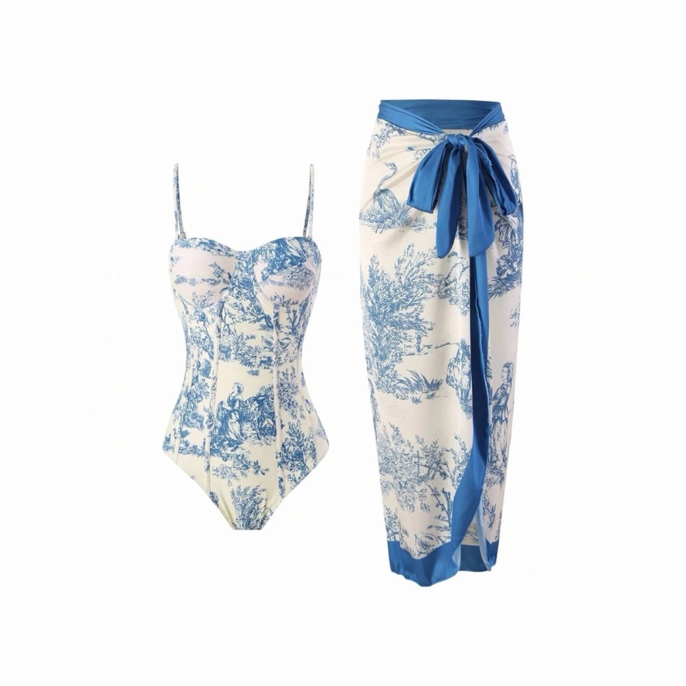Women Toile Print One Piece Swimsuit Cover-Up Wrap Skirt Set